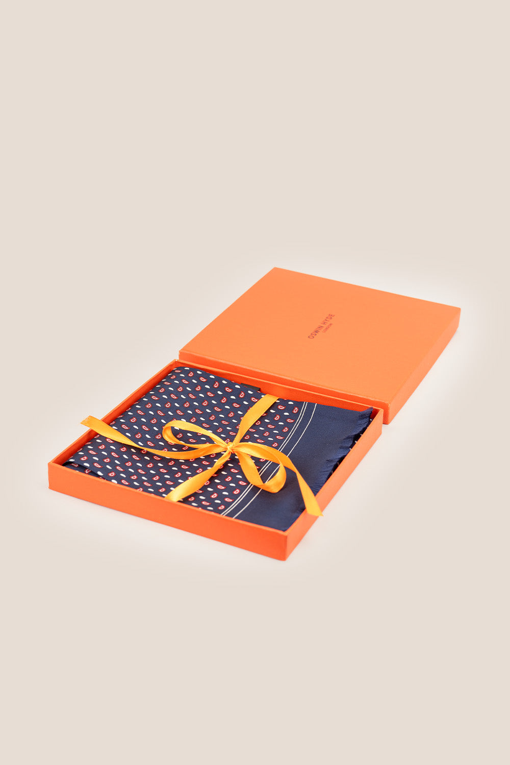 navy paisley silk scarf box packaging | oswin hyde